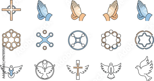 A grid of diverse religious and spiritual icons, featuring crosses, praying hands, doves, and various abstract sacred geometry designs.