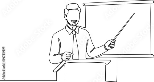 Man standing at lectern with pointer.