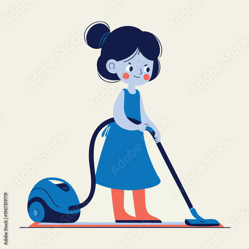 Little girl vacuuming floor in blue dress illustration.