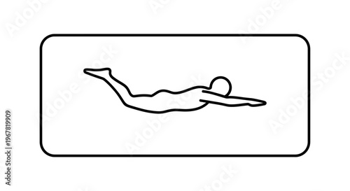 A minimalist line art graphic illustrating a person in a swimming or diving pose, showcasing fluid