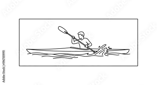 Dynamic linear illustration capturing a person actively kayaking through gentle water
