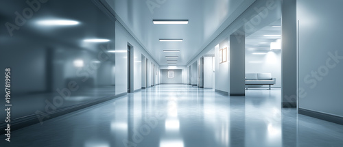 Futuristic Hospital Corridor with Glossy Floor and Clean Minimal Lighting