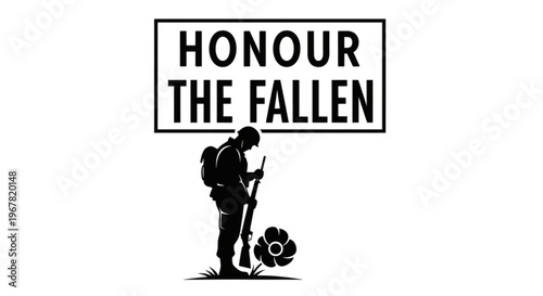 A black silhouette of a soldier honouring the fallen with a poppy flower and rifle