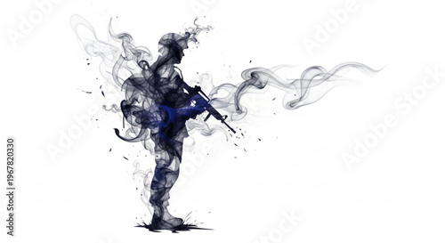 A vector graphic illustration of a soldier in a dynamic pose with smoke effects