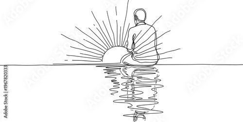 Person sitting by calm water sunrise.