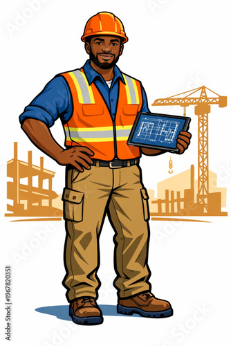 Construction manager with blueprints on site