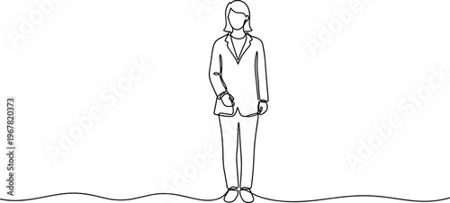 Businesswoman standing alone in line art.