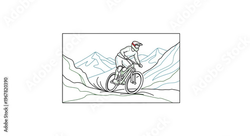 Dynamic outline illustration of a mountain biker conquering a challenging alpine trail in an