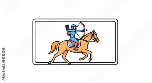 Dynamic flat design of a mounted archer in action on a swift horse, aiming target