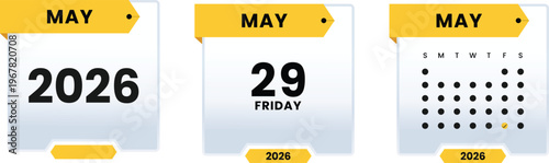 May 29 2026 Friday Calendar Icon Set Highlighting Specific Weekday Date with Monthly Grid View and Yearly Planner Graphic Elements for Digital Scheduling and Events