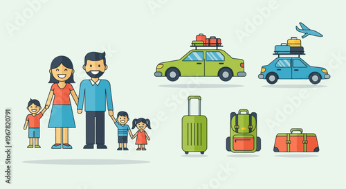 Happy Family Traveling Together with Cars and Luggage - Vector Illustration