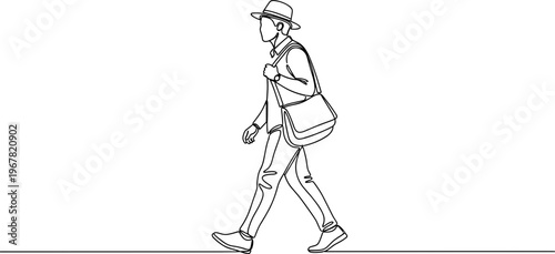 Man walking with bag and phone.