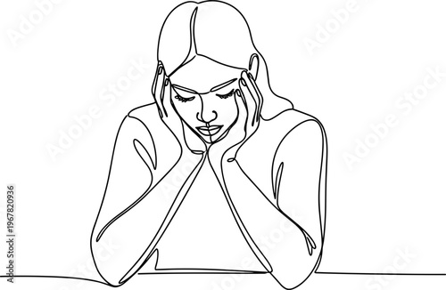 Woman Leaning on Hands Looking Down.