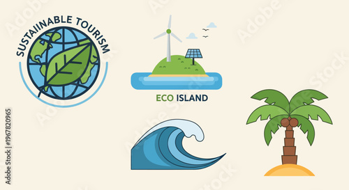 Sustainable Tourism Icons: Eco Island, Globe, Wave, Palm Tree, Wind Turbine, Solar Panel