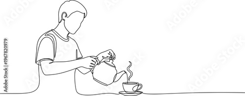 Man pouring hot beverage into cup.