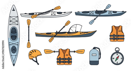 Kayaking Equipment Set: Kayaks, Paddles, Life Vests, Helmet, Compass, Water Bottle
