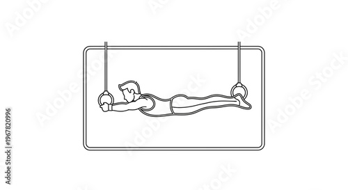 Dynamic black and white line art illustration of a male gymnast demonstrating a powerful