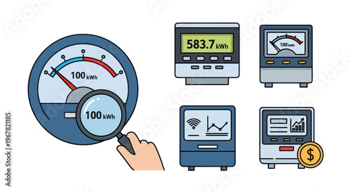 Energy Meter Icons: Gauge, Digital Display, Magnifying Glass, Cost Symbol