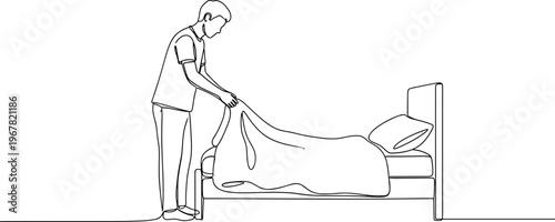 Man Making Bed in Morning Routine.