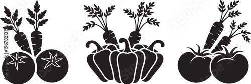 Black Silhouette Vector Graphics of Garden Vegetables Including Beets Carrots and Ripe Tomatoes