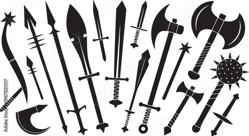 Collection of ancient and medieval fantasy weapon silhouettes, including swords, axes, spears
