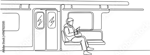 Man sitting on a subway seat.