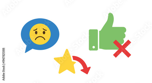Customer feedback and satisfaction icons sad face, star rating, and thumbs down