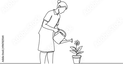 Woman watering flower in a pot.