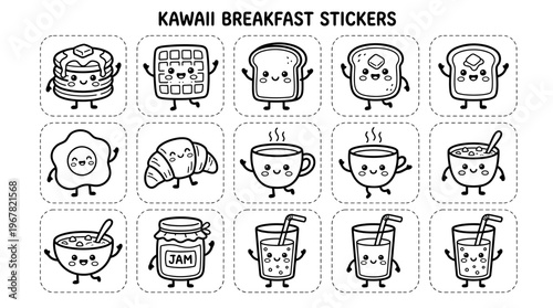 Kawaii breakfast food character stickers collection with pancakes waffles toast coffee and juice in black line art, ideal for kids coloring pages, planner decoration and school projects