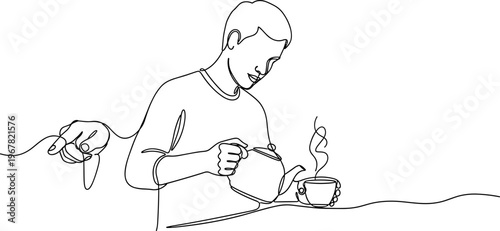 Man pouring hot beverage from kettle.