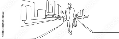 Businessman Walking on City Street Alone.