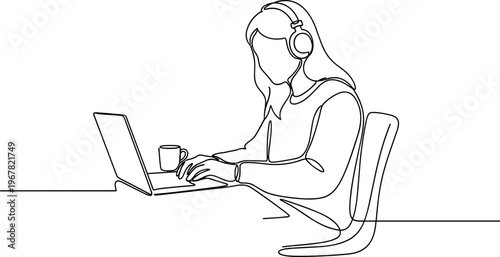 Woman wearing headset using laptop computer.