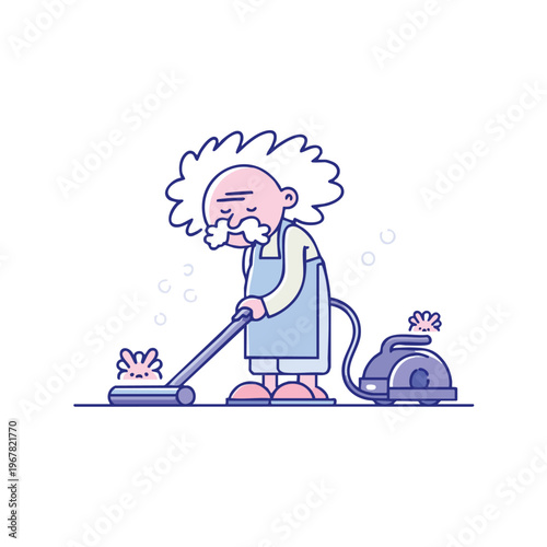 Older person cleaning floor with vacuum cleaner.