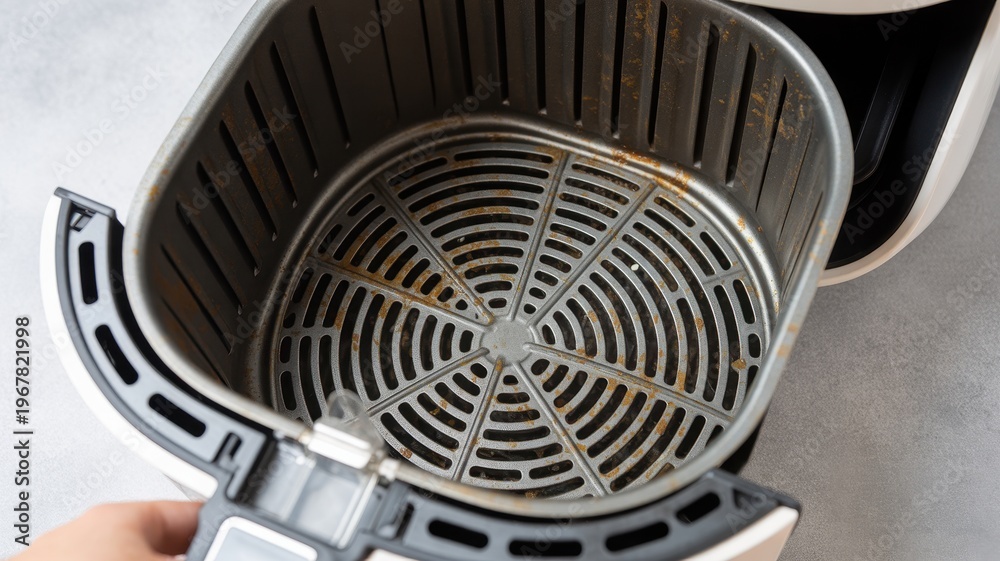 Fototapeta premium Dirty air fryer basket with grease residue