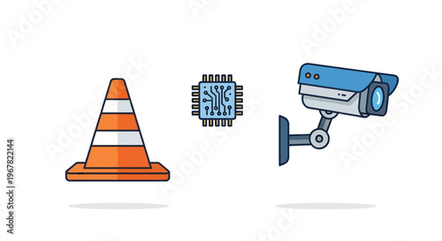 Traffic Cone, Microchip, and Security Camera Icons: Safety, Technology, Surveillance