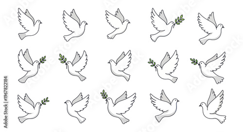 Collection of white doves with olive branches, flying in different poses