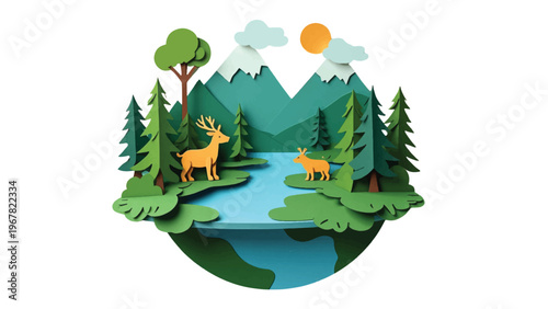Eco friendly landscape, nature scene, forest animals, deer illustration, environmental conservation