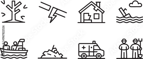 Natural Disaster and Emergency Response Icons with Storm Damage, Flood Rescue and Medical Help