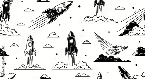 Retro rocket ships launching into space with clouds and stars, seamless pattern, vintage style illustration