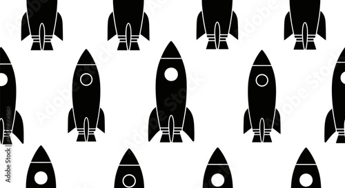 Seamless pattern of black rocket ship silhouettes on a white background, symbolizing space exploration, innovation, and futuristic travel.