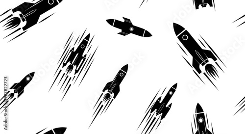Seamless pattern of black retro rockets flying with motion trails against a white background, vector illustration