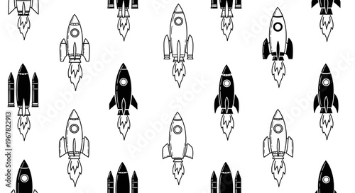 Dynamic seamless pattern featuring black and white rockets launching, representing innovation, startup success, and space exploration. Ideal for tech backgrounds.