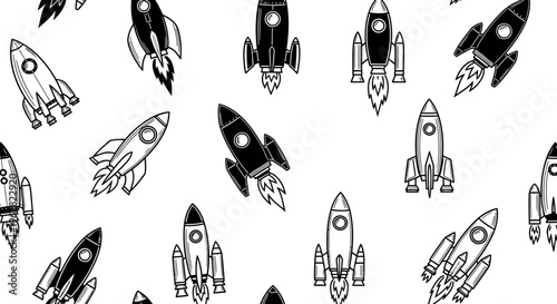 Monochromatic seamless pattern featuring a variety of rockets in flight, illustrating concepts of space exploration, innovation, ambition, and technological progress.
