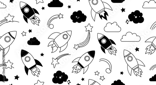 Seamless black and white cartoon pattern featuring flying rockets, stars, and clouds in outer space, perfect for children's designs and backgrounds.