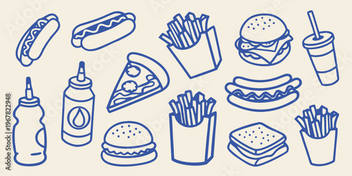 A collection of hand drawn fast food items including burgers hot dogs and fries