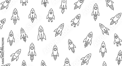 Seamless pattern of outline rocket icons on a clean white background, symbolizing space exploration, technological innovation, startup growth, and future aspirations.