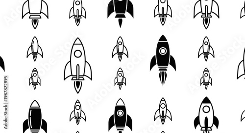 Seamless pattern of black and white rockets and spaceships, featuring outline and solid filled designs, ideal for innovation, startup, and space travel themes.