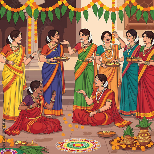 Indian women in traditional saris celebrating.