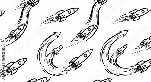Dynamic Hand-Drawn Rocket Launch Seamless Pattern - Symbolizing Startup Growth, Innovation, Space Exploration, and Business Success
