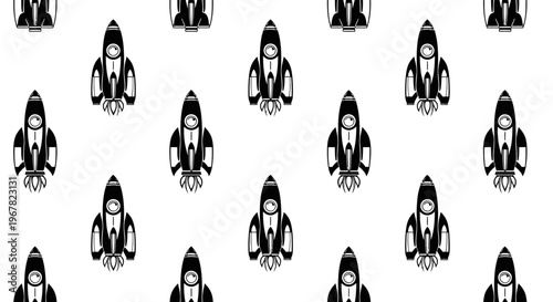 Seamless pattern of stylized black and white rocket ships, representing space exploration, innovation, and futuristic technology. Ideal for backgrounds and digital designs.